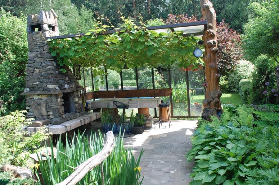 Semi-open gazebo with stone stove