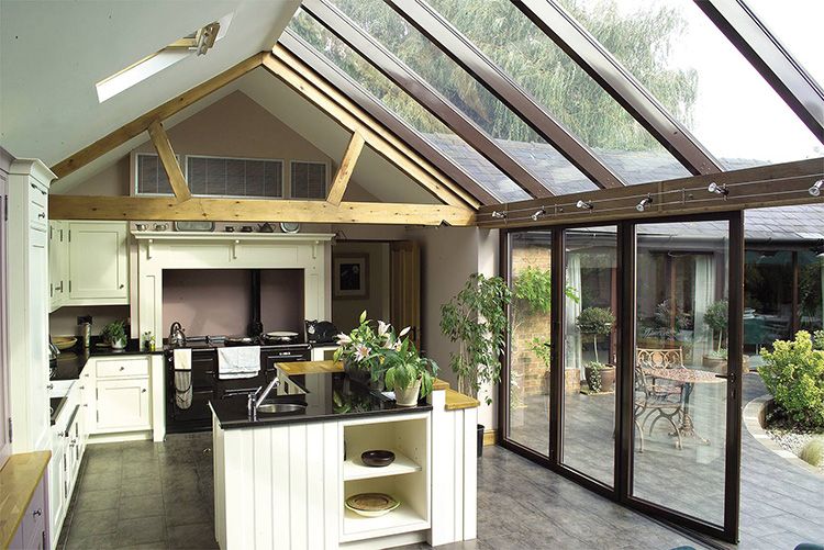 Kitchen island in the center of summer cuisine