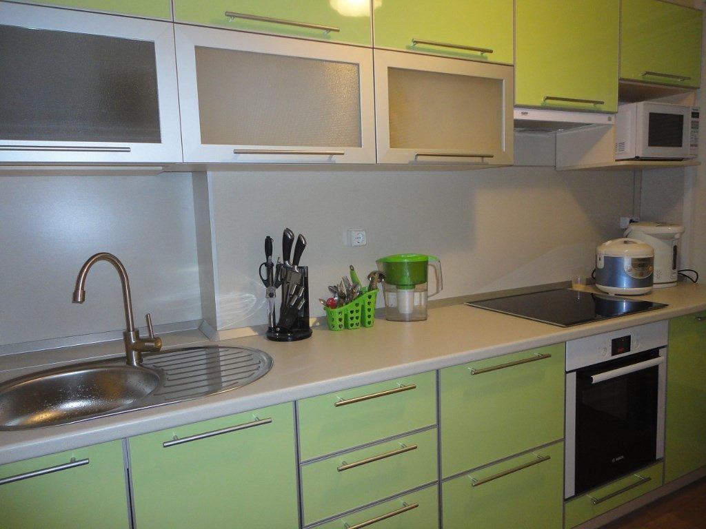 Linear suite in the interior of the kitchen in Khrushchev