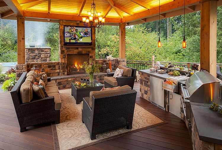 Upholstered furniture in an open-type summer kitchen