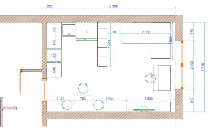 Plan de la cuisine-salon après réaménagement