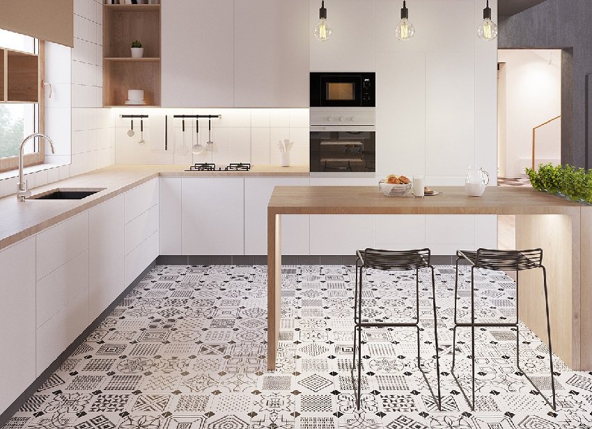 Carrelage de style scandinave avec des ornements sur le sol de la cuisine