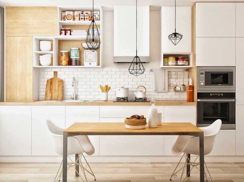 Cucina lineare in stile scandinavo con zona pranzo