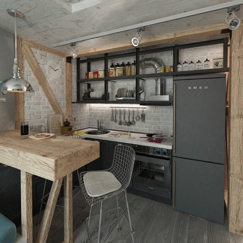 Bancone bar in legno in una piccola cucina in stile loft