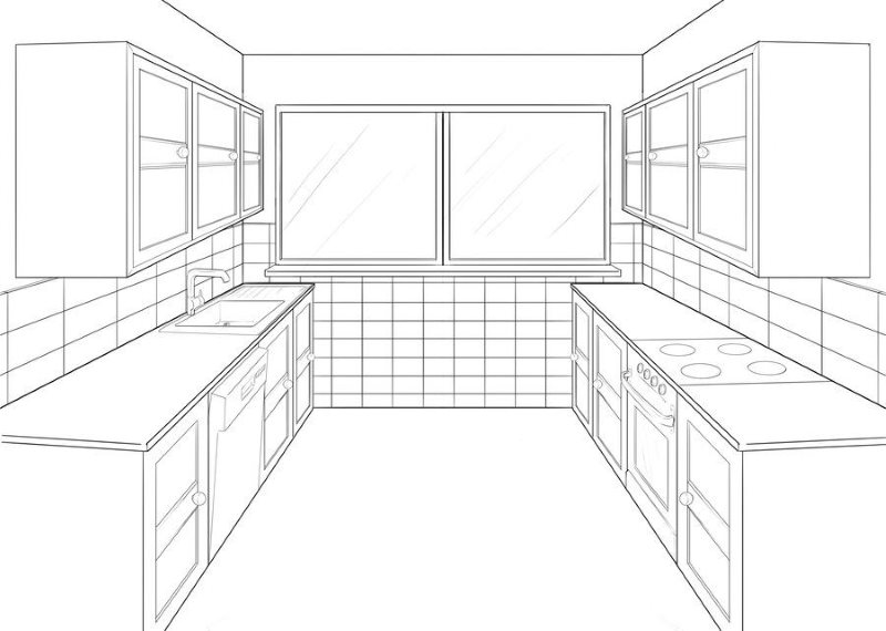 Schizzo di una cucina quadrata con due file