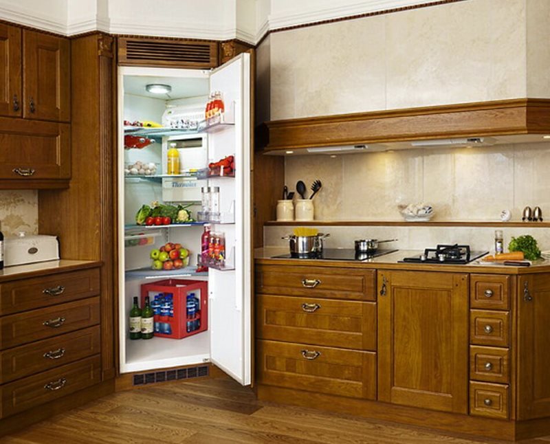 Wooden headset with a refrigerator in the corner