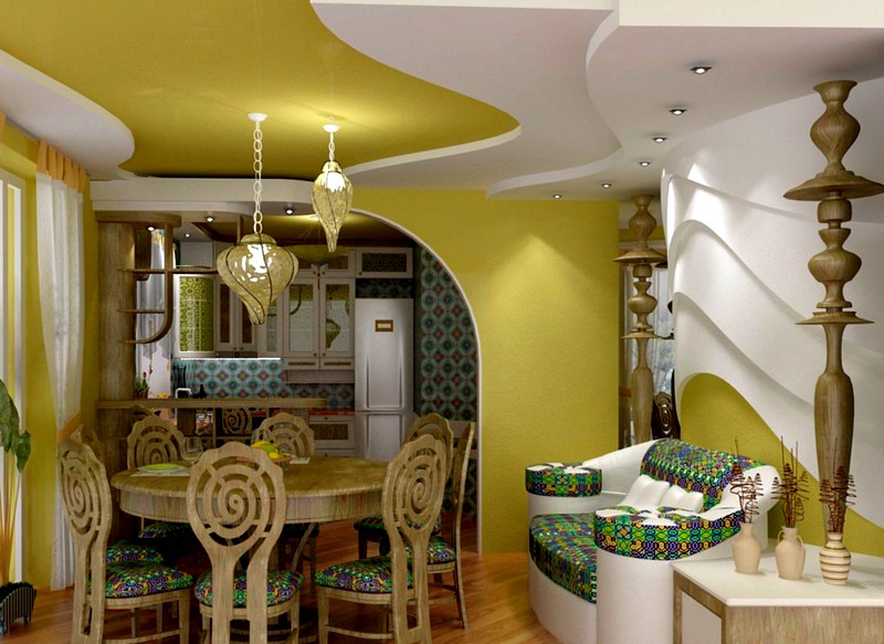 Plafond en couches dans une cuisine de style oriental