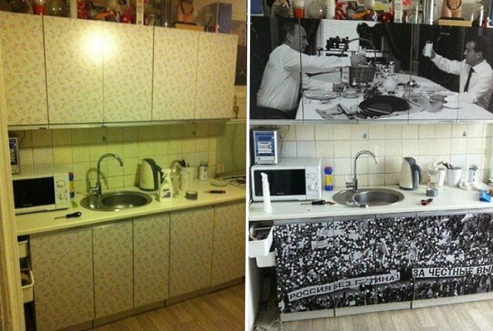 Foto delle facciate del set da cucina prima e dopo l'incollaggio