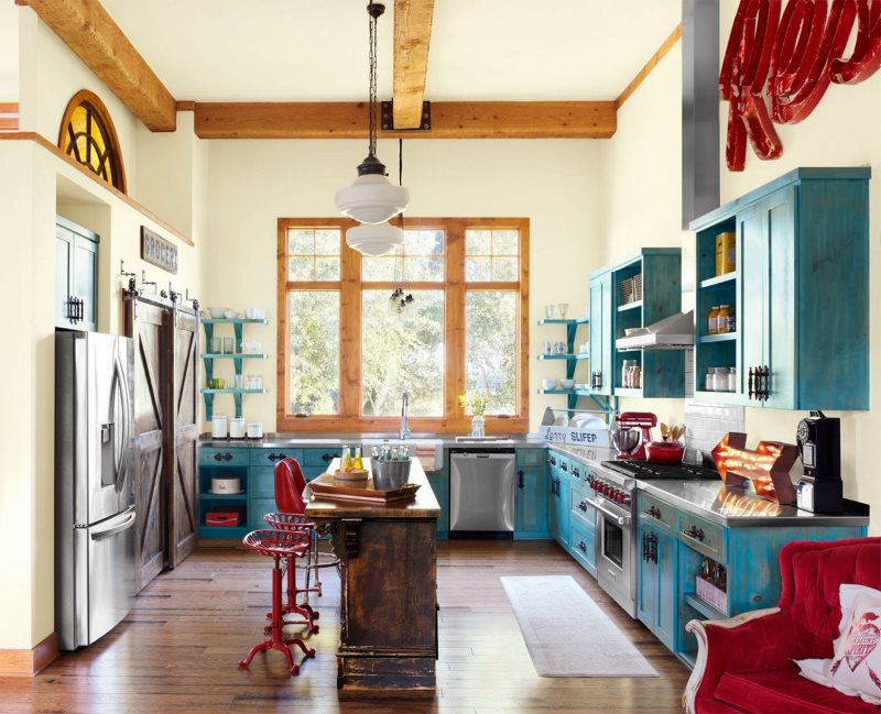 Wooden beams on the ceiling of the kitchen in retro style