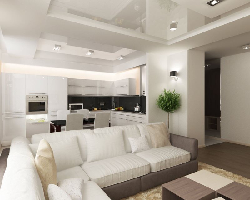 Soggiorno cucina high-tech con soffitto bianco