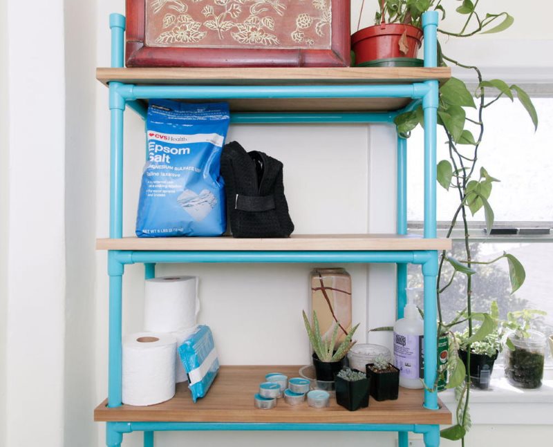 Floor shelf made of PVC pipes for the bathroom