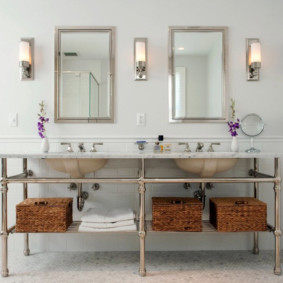 Wicker baskets on a shelf in the bathroom