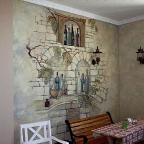 Fresque sur le mur de la cuisine d'une maison rurale