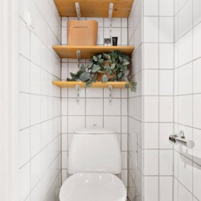 Narrow toilet with wooden shelves