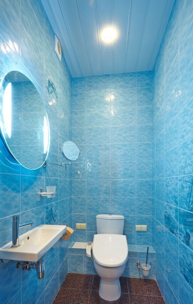 Blue panels on the toilet ceiling in a city apartment