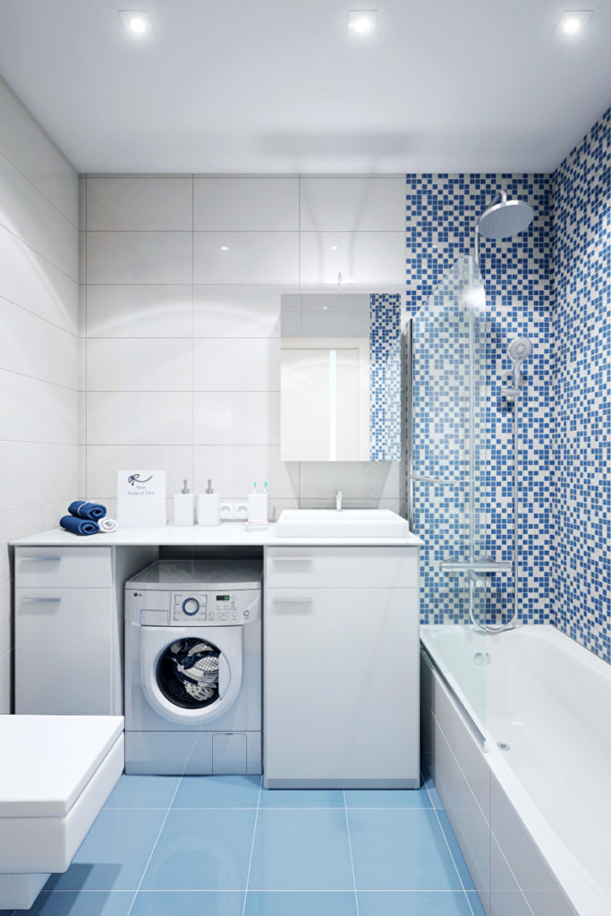 Blue ceramic tiles on the bathroom floor