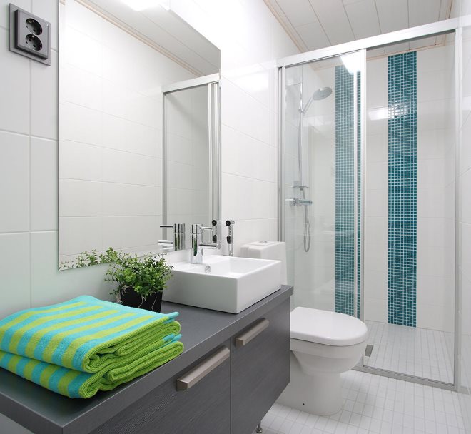 Small tiles on the floor of the room with shower