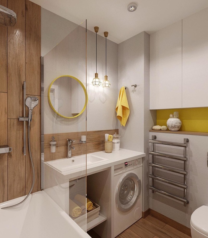 Wooden panels in the interior of a small bathroom