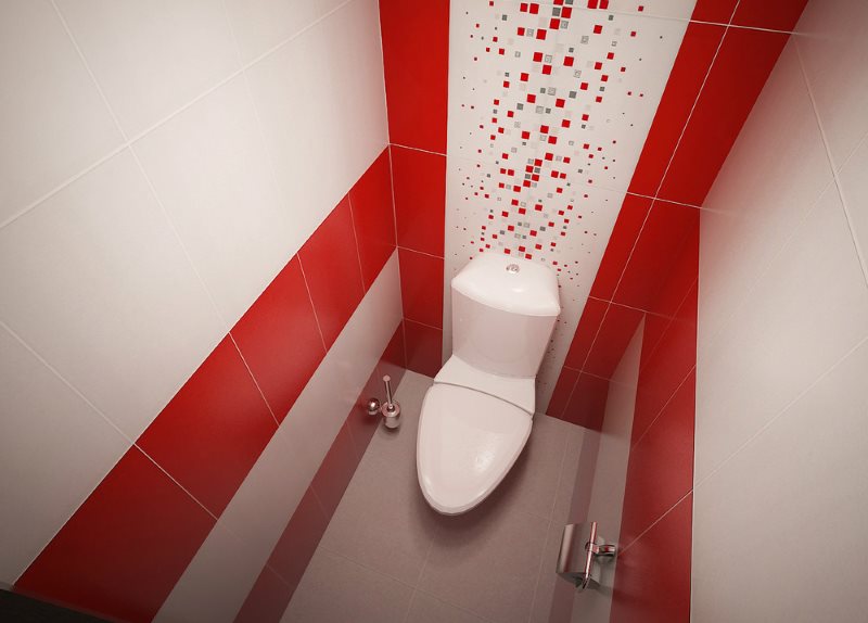 Des rayures rouges de carreaux sur le mur des toilettes