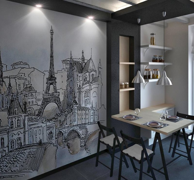 Conception de cuisine de style loft avec une image sur le mur