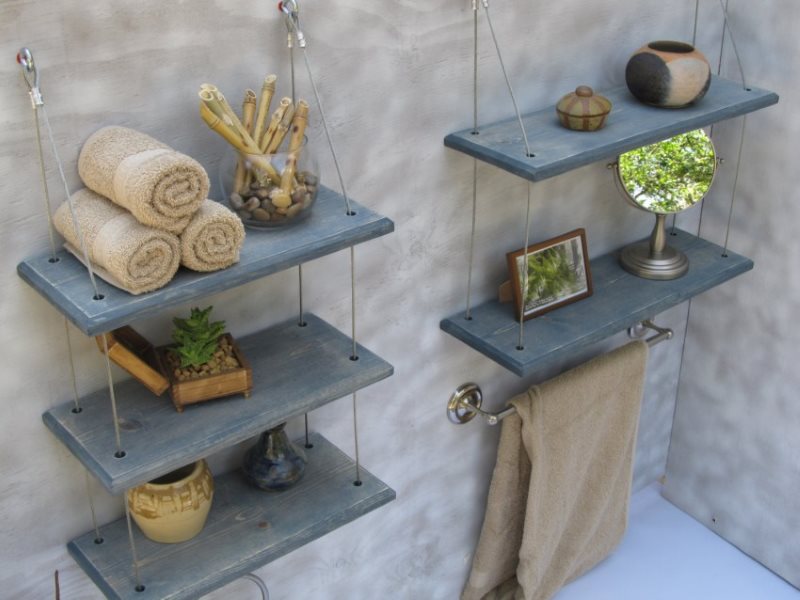 Wooden shelves on a rope pendant