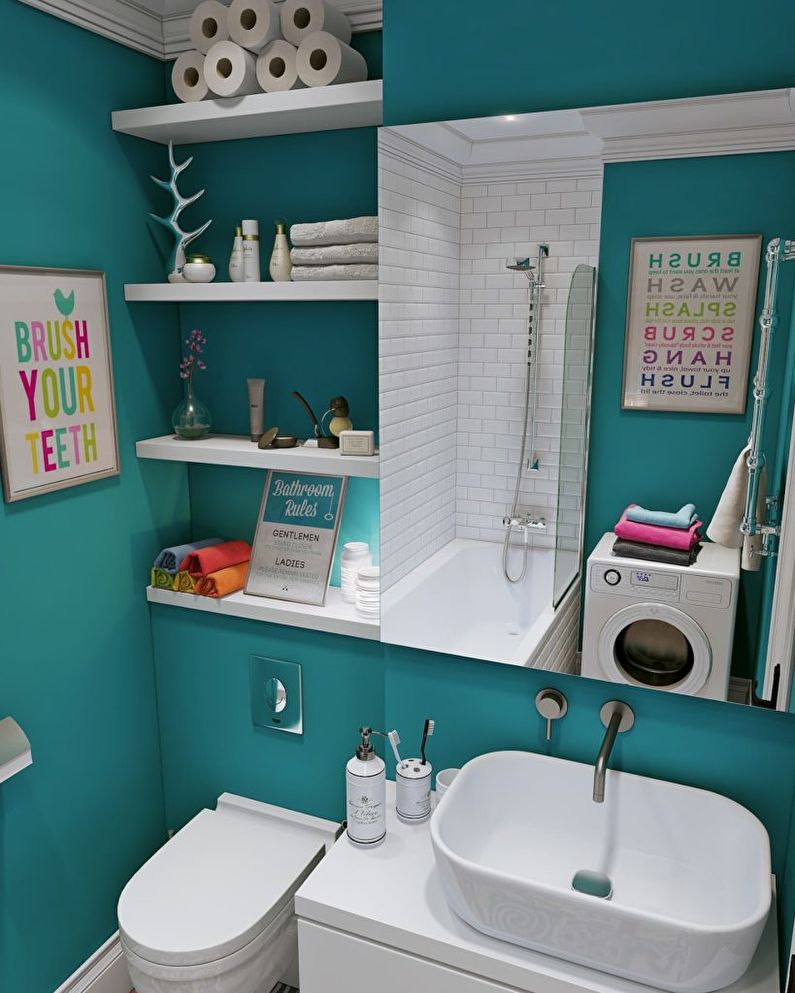 Open shelves above the toilet in the combined bathroom