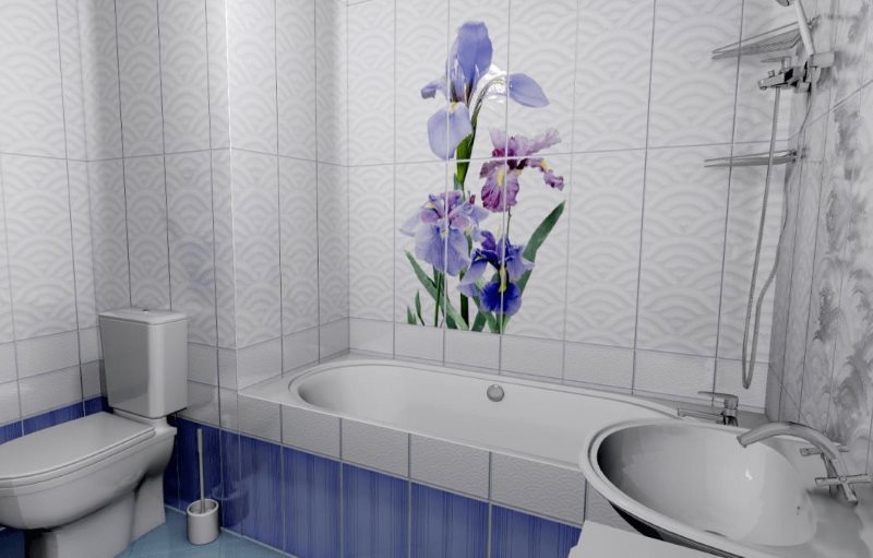 Fleurs lilas sur des panneaux en plastique dans la salle de bain