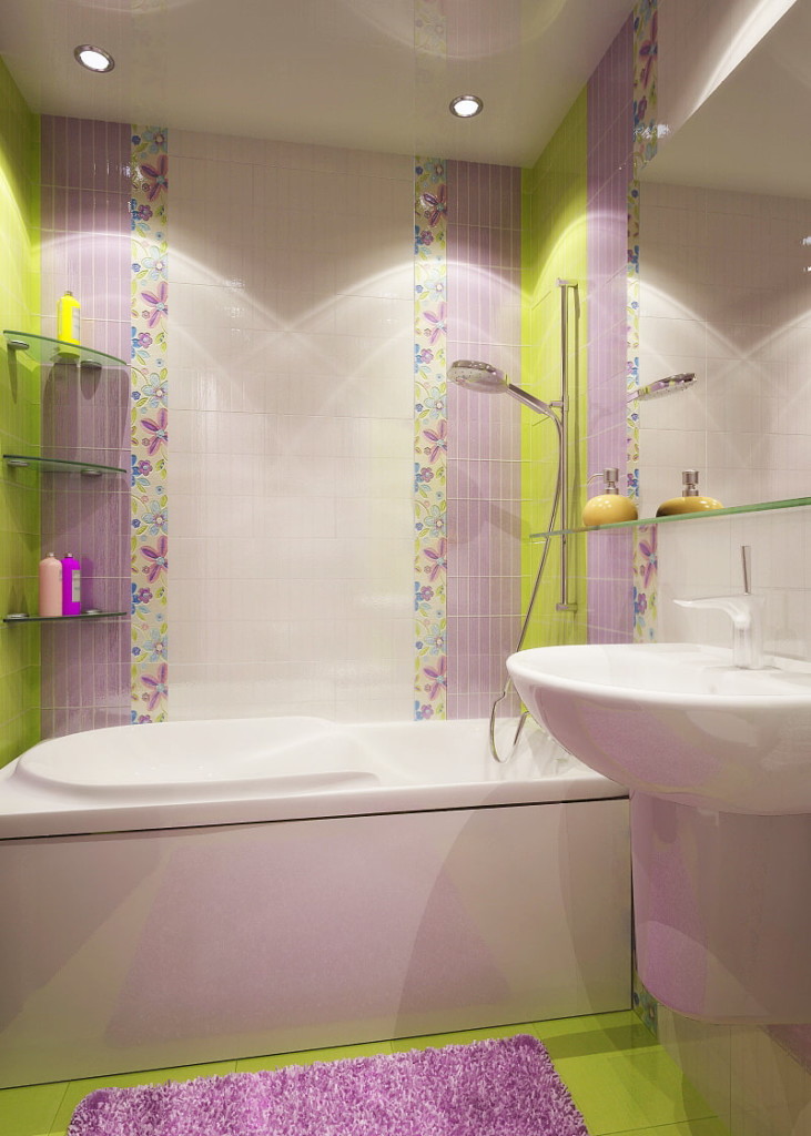 Vertical laying of fine tiles on the wall in the bathroom