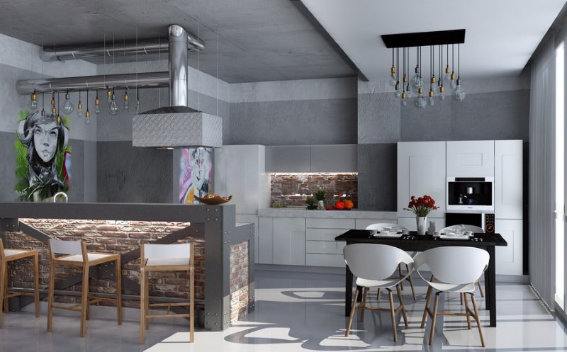 Cucina-soggiorno con soffitto grigio