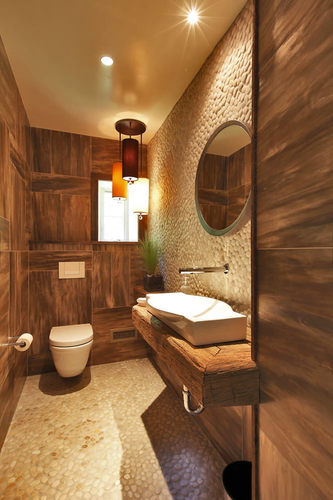 Bright ceiling in the toilet with wooden wall paneling