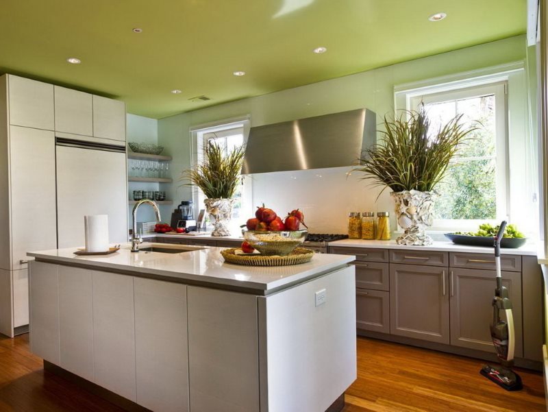 Plafond de couleur vert clair dans la cuisine d'une maison de campagne