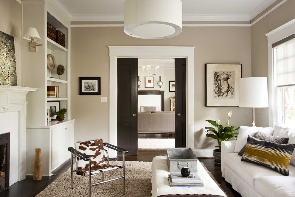 Dark door in the interior of a white living room