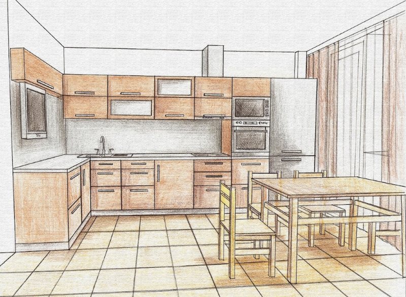 Progetto di design di una cucina con una superficie di 13 mq