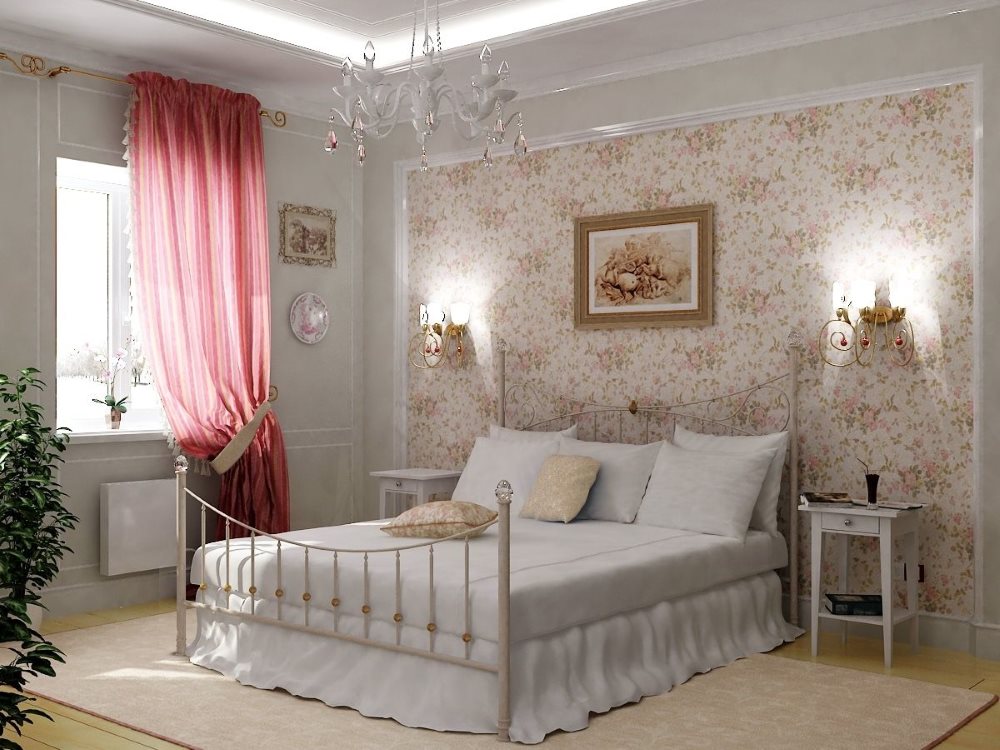 Rideau rose dans une chambre rustique