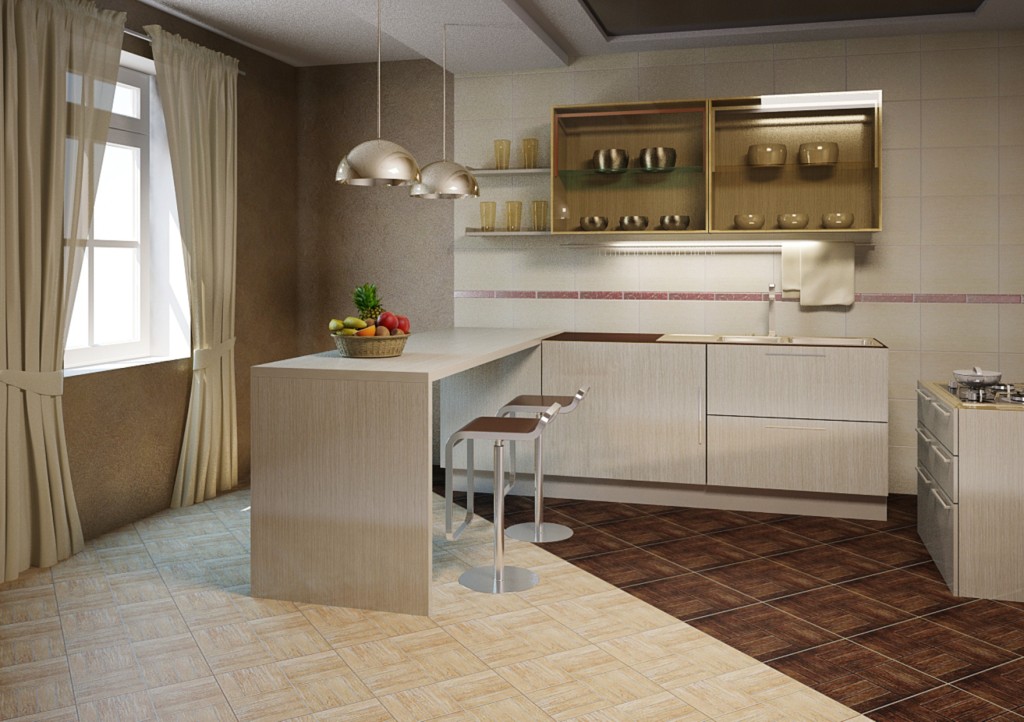 combinazione di piastrelle e laminato nelle idee di arredamento della cucina