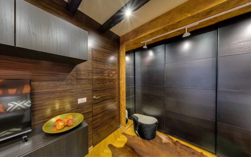 Bathroom with dark sliding doors