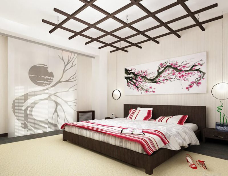 Bright bedroom without a window in oriental style