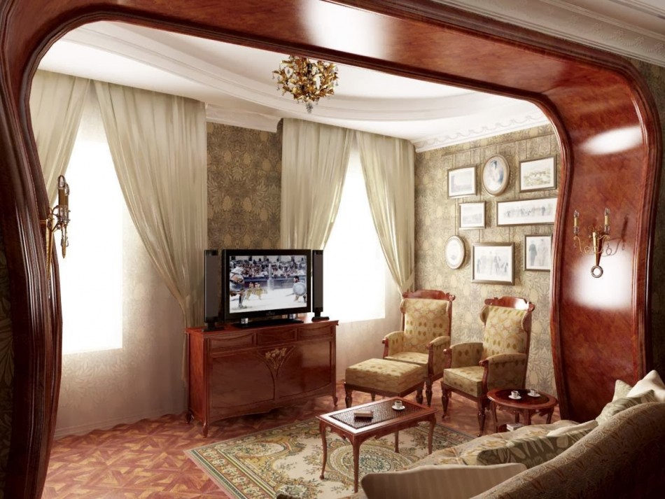 Wooden arches between the kitchen and living room