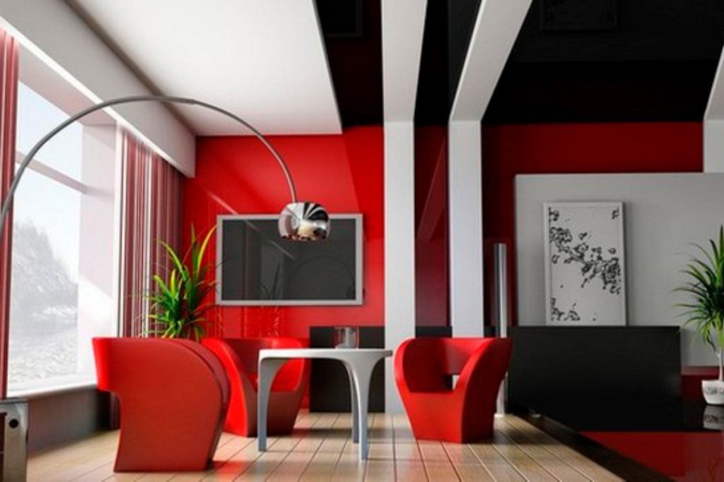 Intérieur rouge-noir du salon dans le style de l'avant-garde