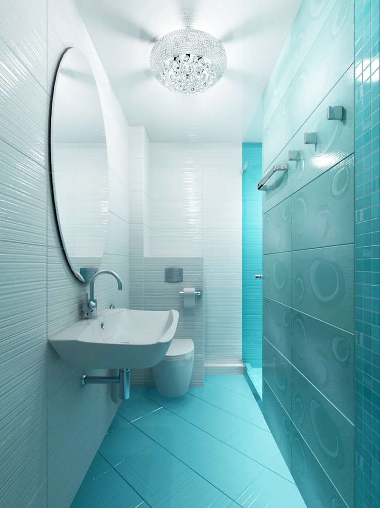 Salle de bain étroite avec des carreaux de céramique turquoise