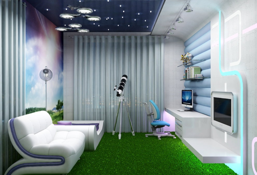 Tapis vert dans une chambre d'enfant de style high-tech