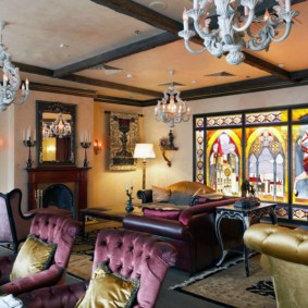 Stained-glass windows in the interior of a modern living room