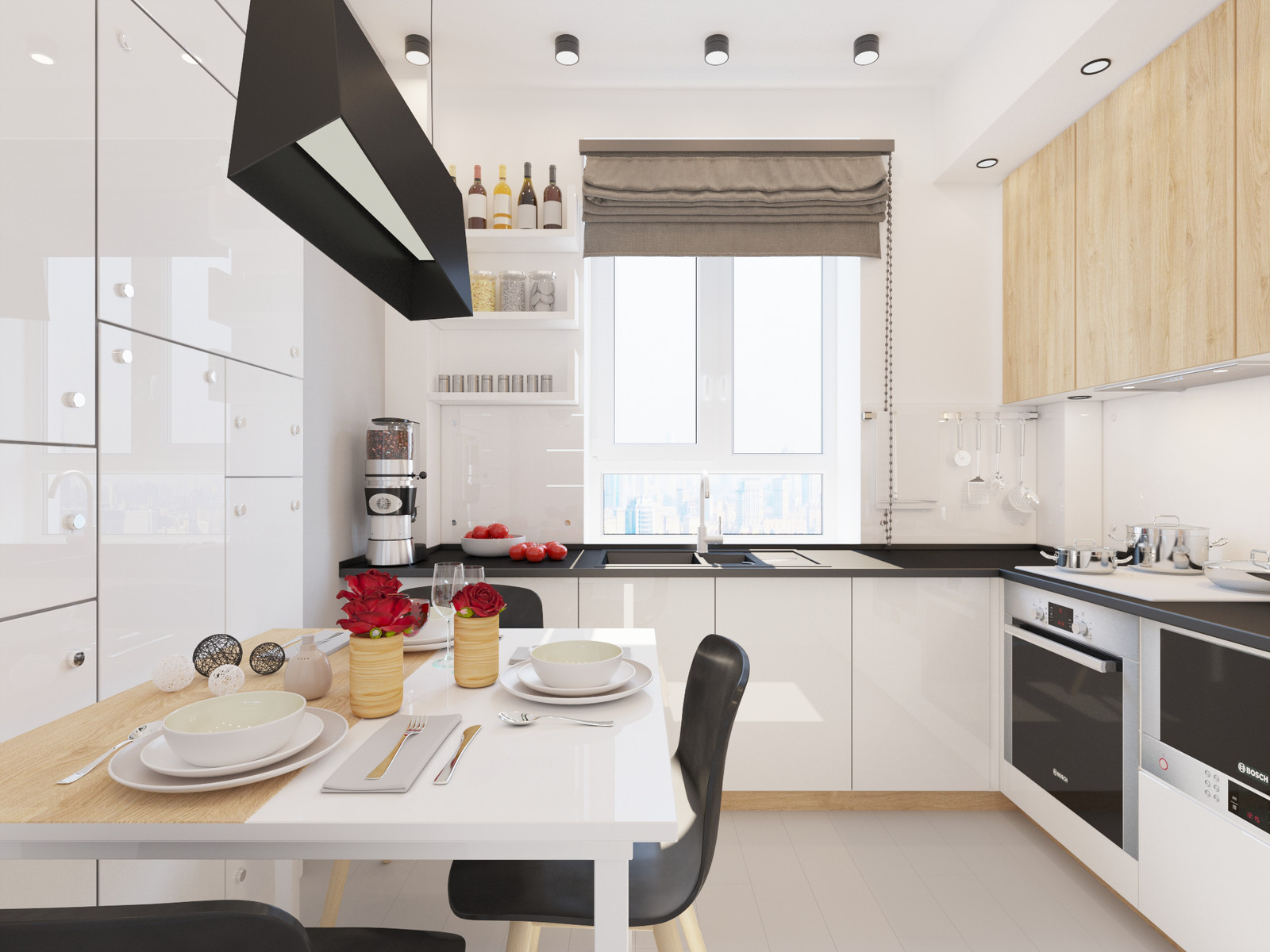 cucina con lavandino dal design fotografico finestra