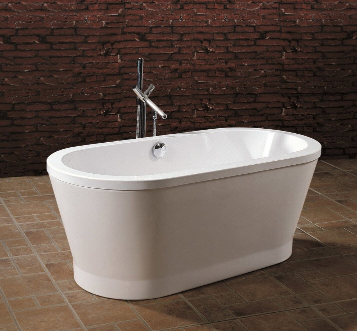 Acrylic bathtub with thick walls on the ceramic floor