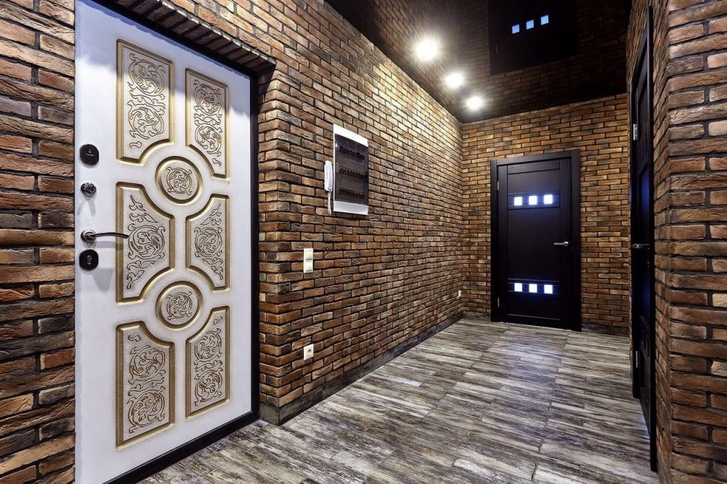 wallpaper under a brick in the hallway photo ideas