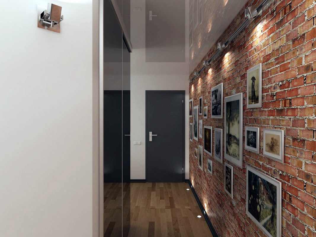 wallpaper under a brick in the hallway ideas photo