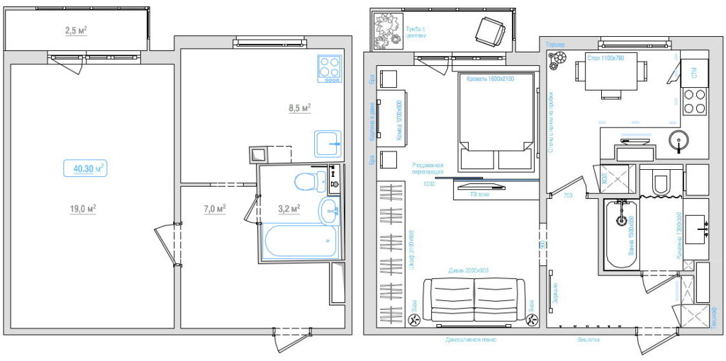 Plan d'un studio avant et après réaménagement