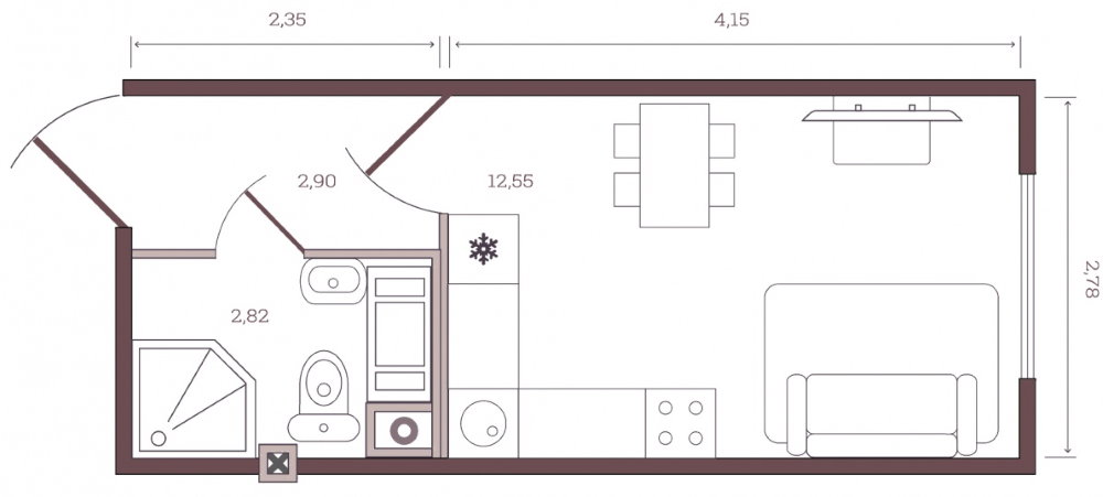 Plan d'un studio de 18 m²