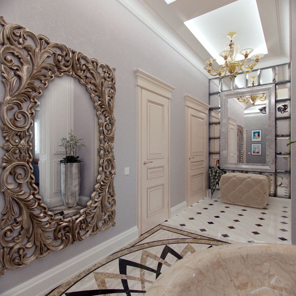 carved mirror in the hallway