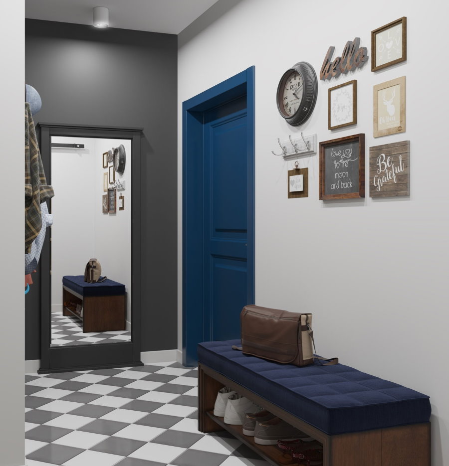 Dark blue door in a small hallway